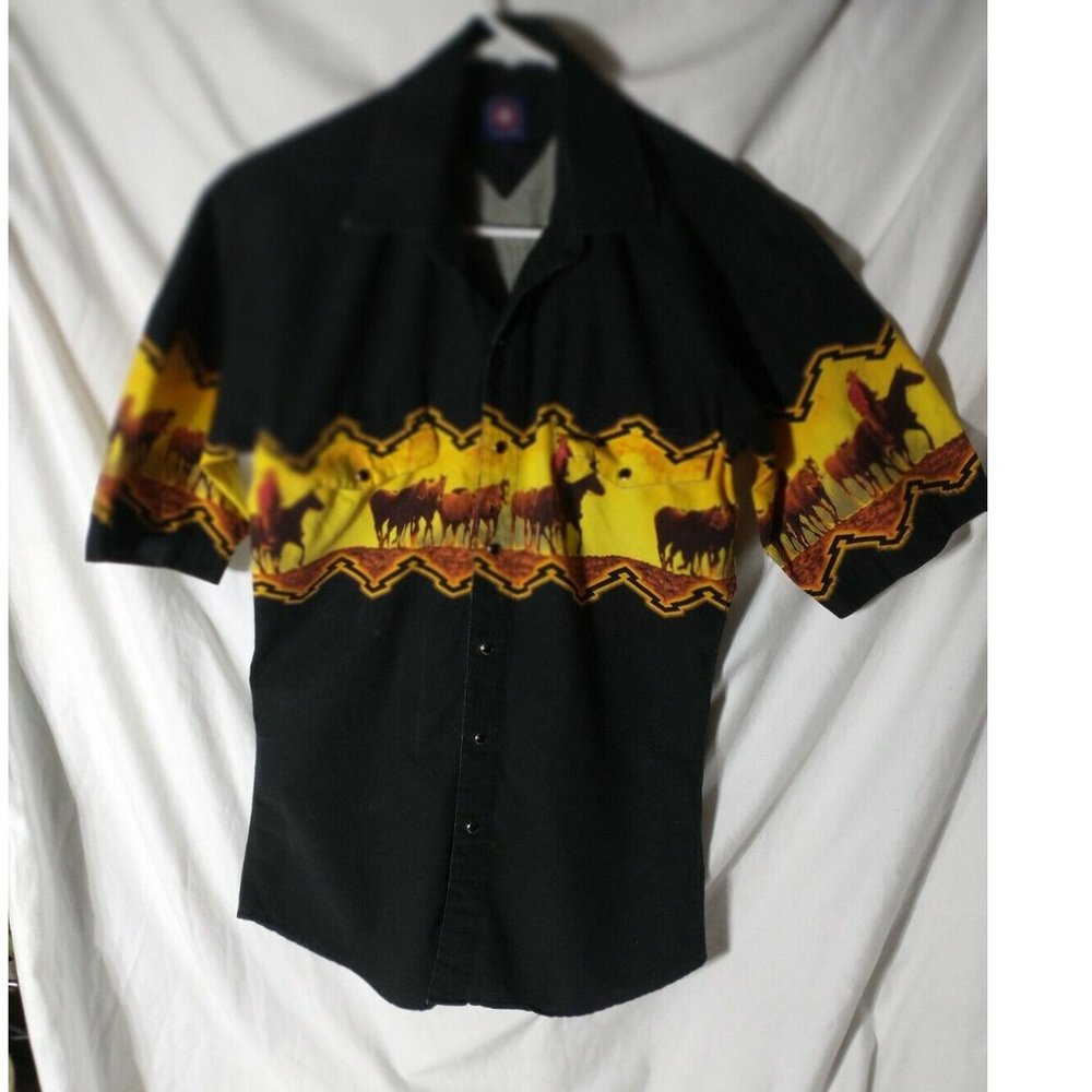 Vintage Panhandle slim snap button Rodeo Western LS shirt Cowboy Horses mens S